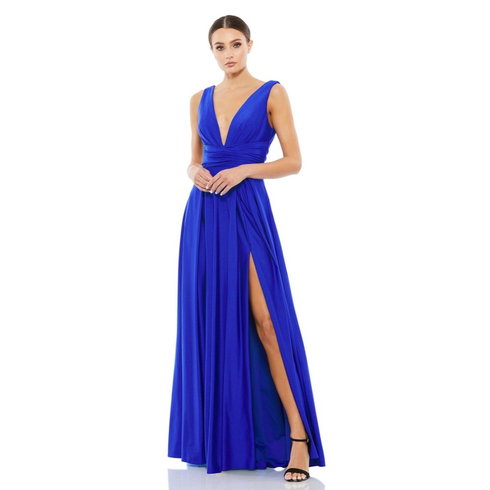 leena for Mac Duggal | Jersey Plunge Neck Evening Gown - Royal Blue | 14